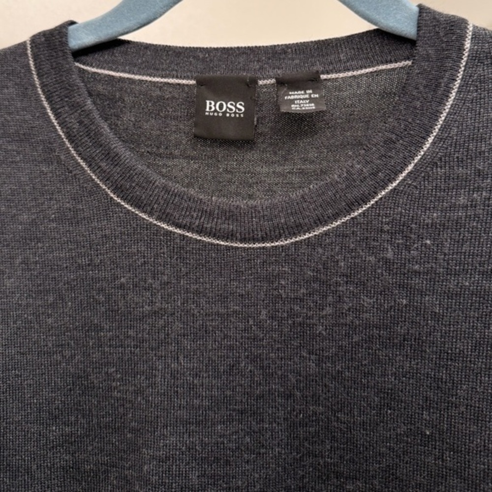 BOSS Men's Gray Wool blend Sweater with white accenting at collar and hem